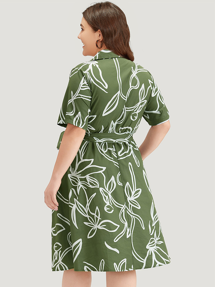 Plus Size Women Work Graphic Belted Regular Sleeve Short sleeve Shirt collar Pocket Belt Office Dresses BloomChic 