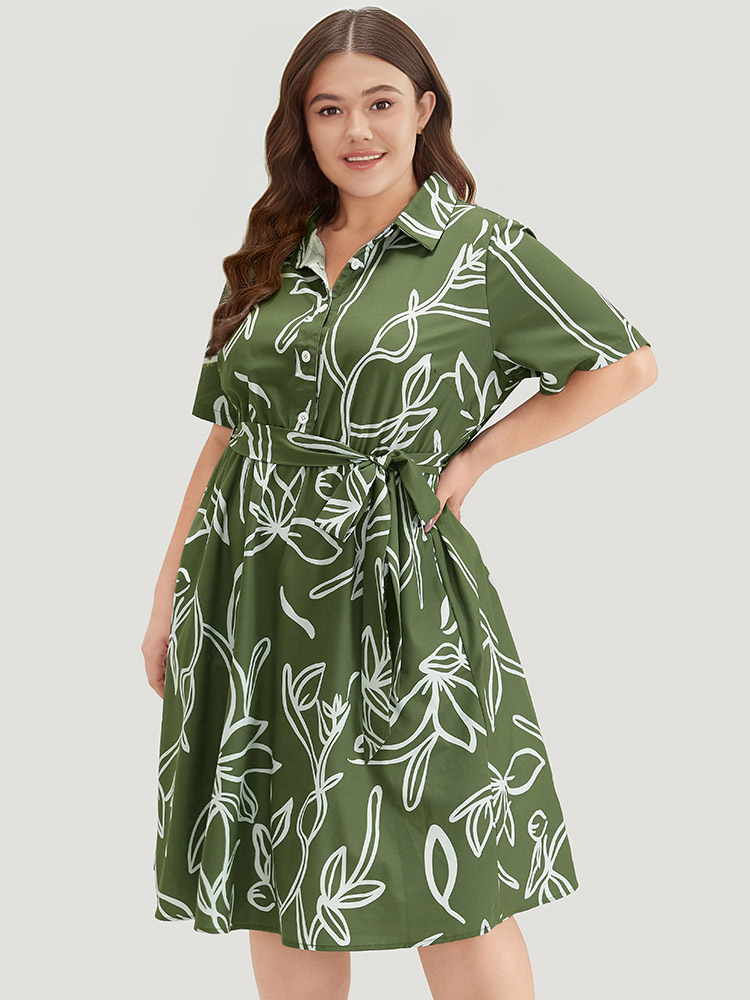 

Plus Size Graphic Print Belted Shirt Collar Button Up Dress Sage Women Office Belted Shirt collar Short sleeve Curvy Midi Dress BloomChic