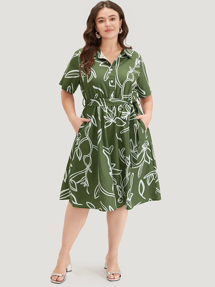 Plus Size Women Work Graphic Belted Regular Sleeve Short sleeve Shirt collar Pocket Belt Office Dresses BloomChic 