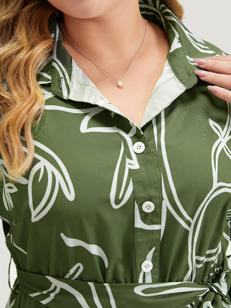 Plus Size Women Work Graphic Belted Regular Sleeve Short sleeve Shirt collar Pocket Belt Office Dresses BloomChic 