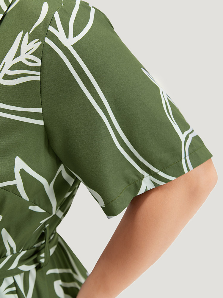 Plus Size Women Work Graphic Belted Regular Sleeve Short sleeve Shirt collar Pocket Belt Office Dresses BloomChic 