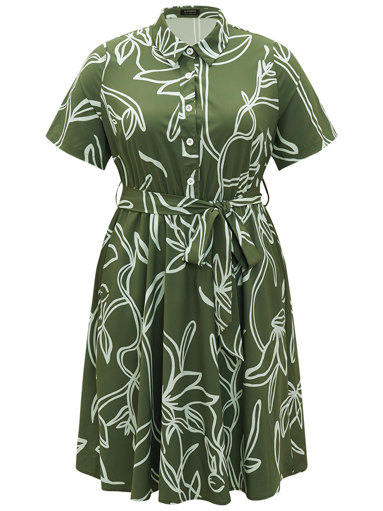 Plus Size Women Work Graphic Belted Regular Sleeve Short sleeve Shirt collar Pocket Belt Office Dresses BloomChic 