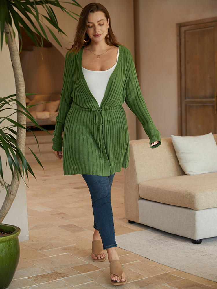 

Plus Size Rib Knit Drawstring Split Side Tunic Cardigan Moss Women Casual Loose Long Sleeve Dailywear Cardigans BloomChic