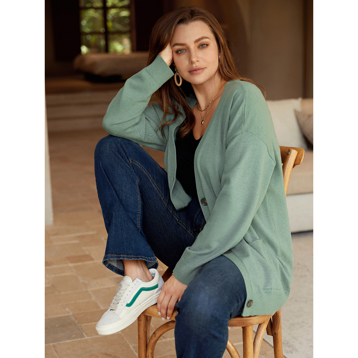 

Plus Size Supersoft Essentials Patched Pocket Drop Shoulder Cardigan Green Women Casual Loose Long Sleeve Dailywear Cardigans BloomChic