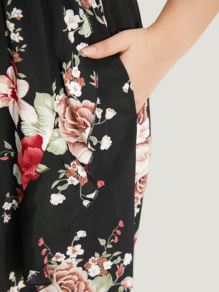 

Plus Size Floral Print Pocket Asymmetrical Hem Cold Shoulder Dress Black Women Elegant Elastic Waist Cold Shoulder Short sleeve Curvy Midi Dress BloomChic