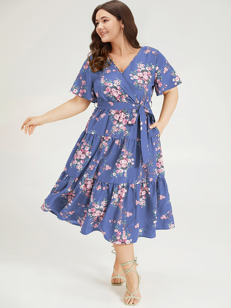 Plus Size Floral Print Wrap Belted Pocket Ruffle Hem Dress Blue Women Elegant Lined V-neck Short sleeve Curvy Midi Dress BloomChic 28/5X 