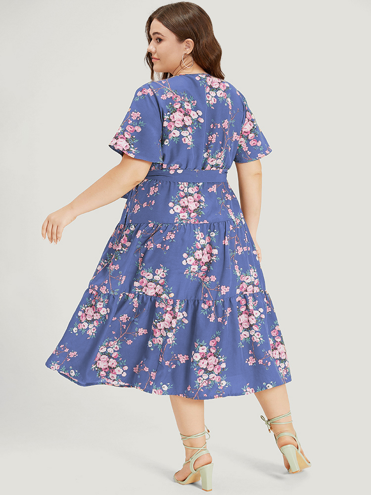 Plus Size Floral Print Wrap Belted Pocket Ruffle Hem Dress Blue Women Elegant Lined V-neck Short sleeve Curvy Midi Dress BloomChic 28/5X 
