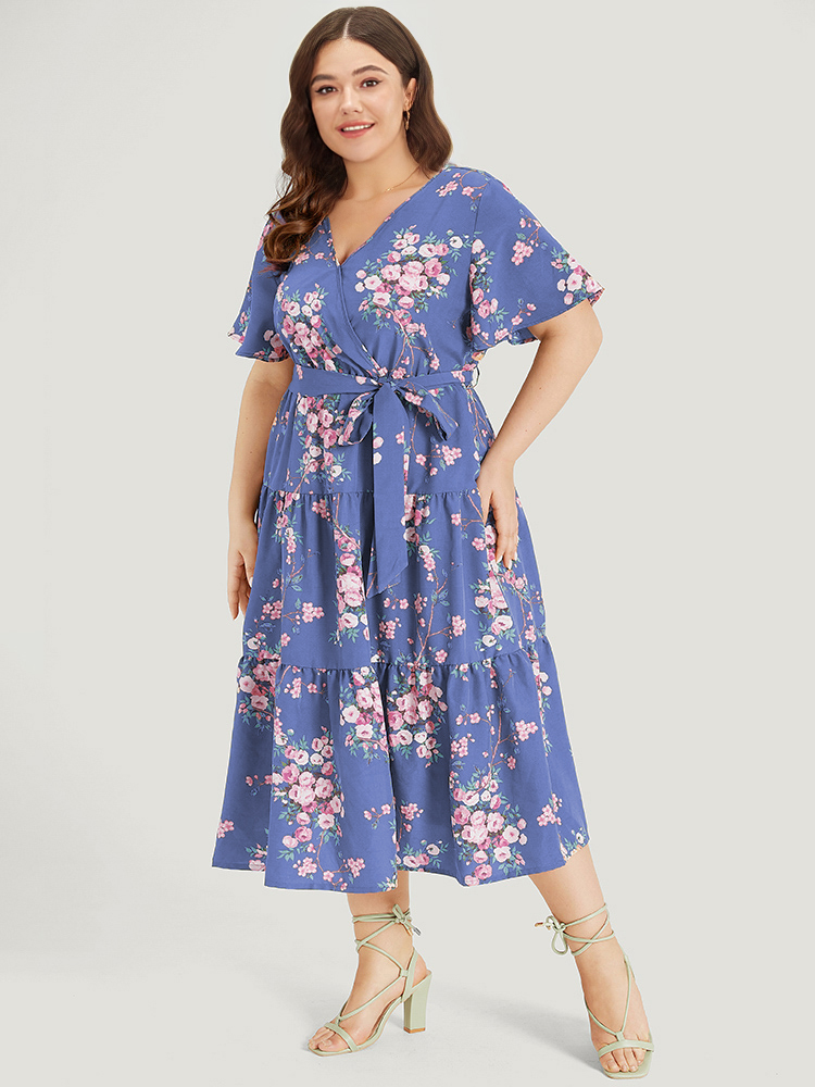 

Plus Size Floral Print Wrap Belted Pocket Ruffle Hem Dress Blue Women Elegant Lined V-neck Short sleeve Curvy Midi Dress BloomChic