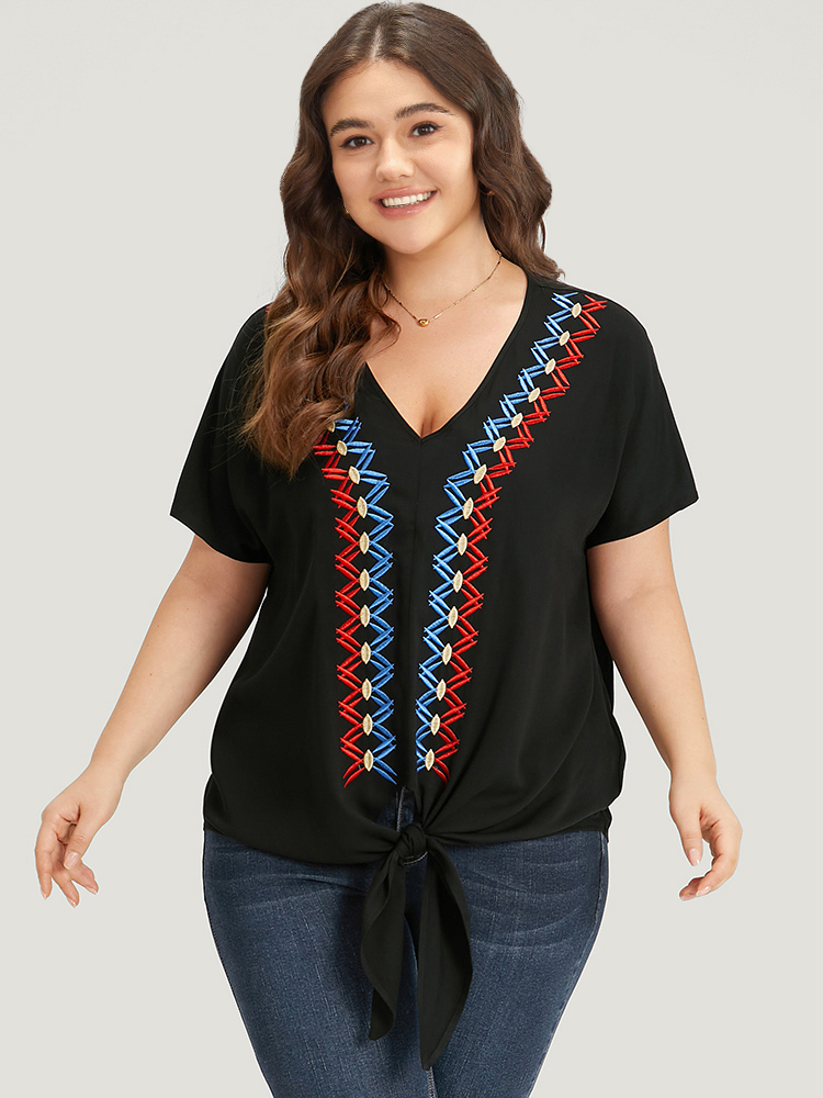 Plus Size Women Dailywear Plain Plain Dolman Sleeve Short sleeve V-neck Vacation Blouses BloomChic 