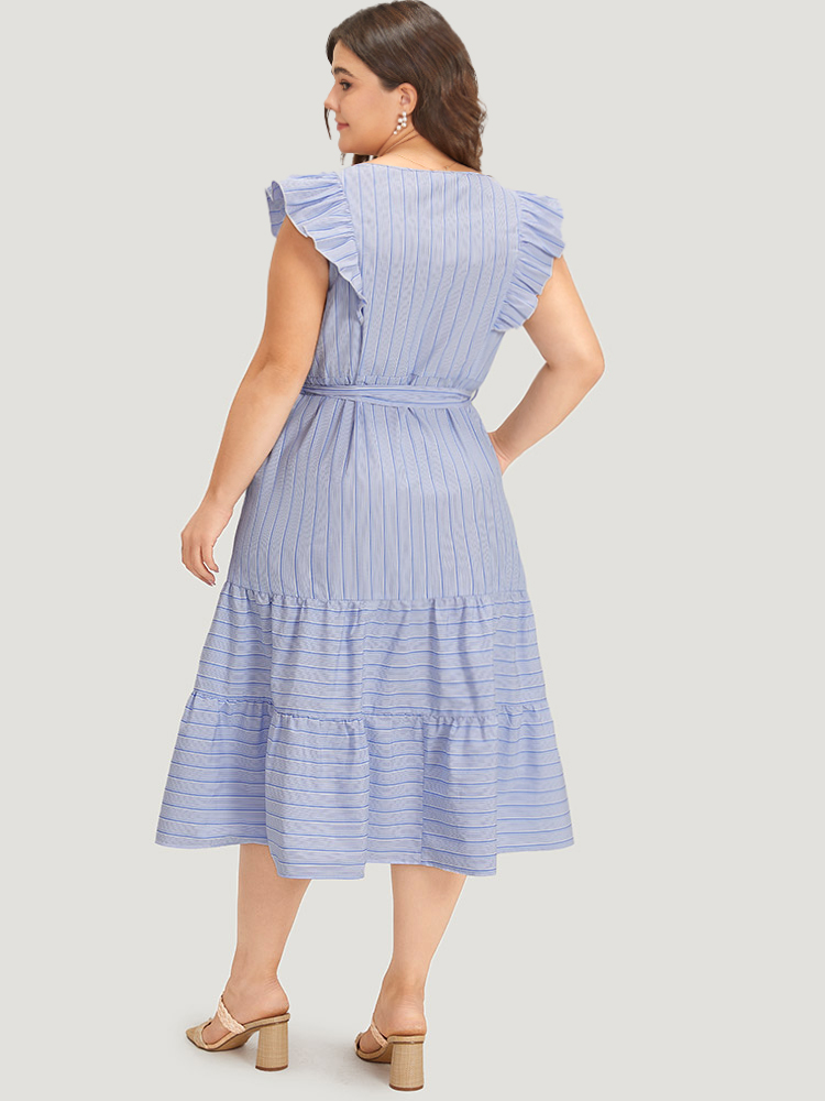 

Plus Size Striped Surplice Neck Belted Ruffle Cap Sleeve Dress Stone Women Vacation Belted V-neck Cap Sleeve Curvy Midi Dress BloomChic