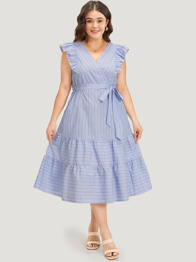 

Plus Size Striped Surplice Neck Belted Ruffle Cap Sleeve Dress Stone Women Vacation Belted V-neck Cap Sleeve Curvy Midi Dress BloomChic