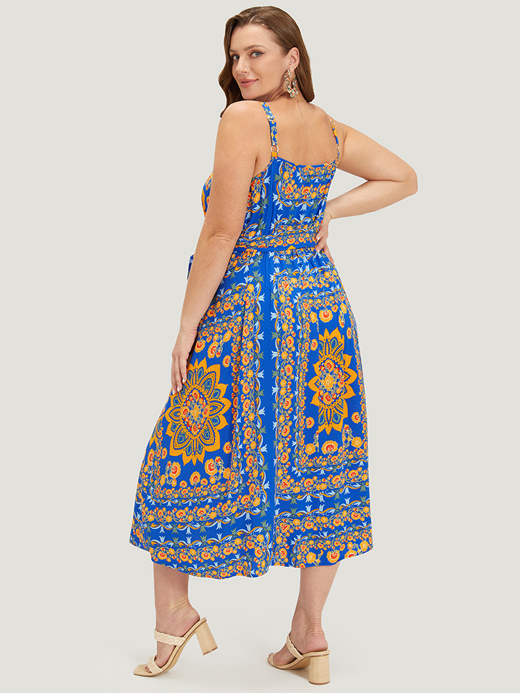 Plus Size Boho Print Belted Split Hem Pocket Cami Dress Blue Women Vacation Gathered V-neck Sleeveless Curvy Midi Dress BloomChic 10/M 