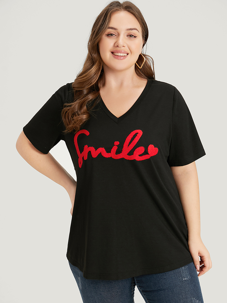 Plus Size Women Dailywear Letter Embroidered Regular Sleeve Short sleeve V-neck Casual T-shirts BloomChic 