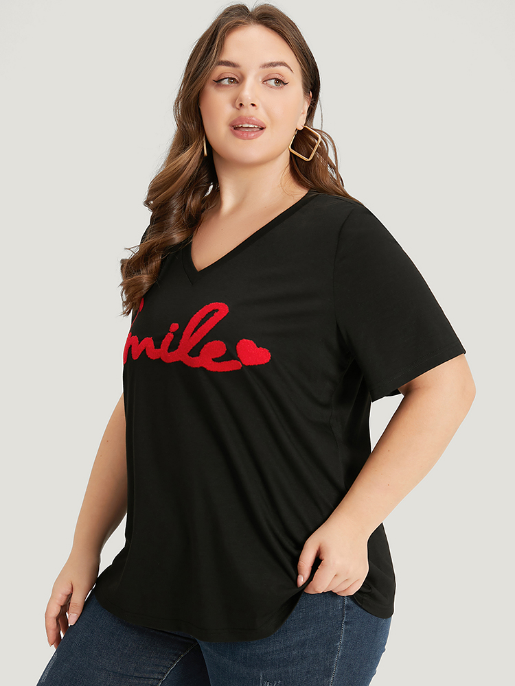 Plus Size Women Dailywear Letter Embroidered Regular Sleeve Short sleeve V-neck Casual T-shirts BloomChic 