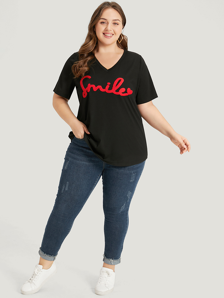 Plus Size Women Dailywear Letter Embroidered Regular Sleeve Short sleeve V-neck Casual T-shirts BloomChic 