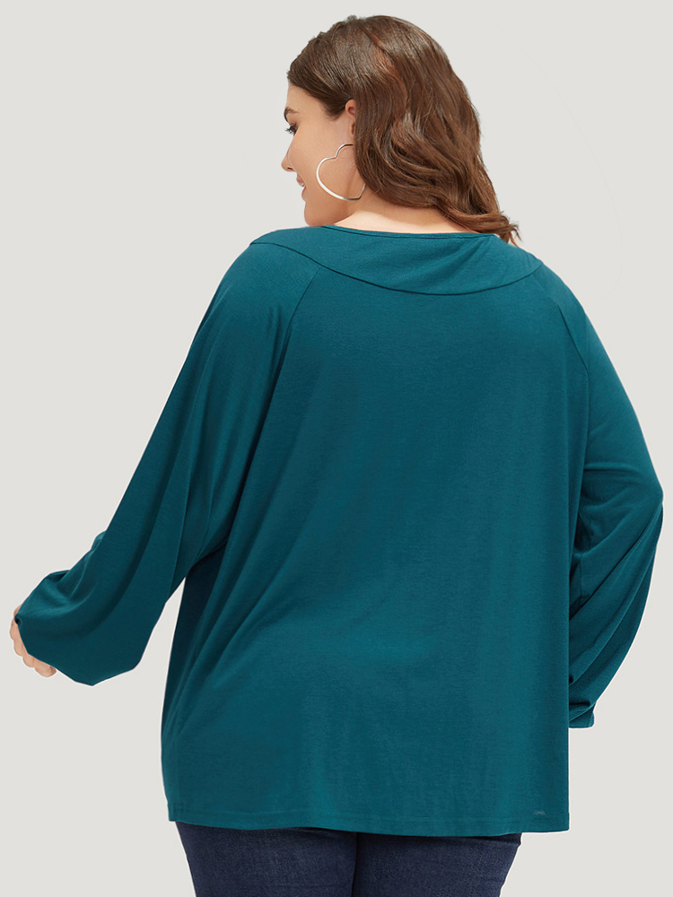 

Plain Plicated Detail Round Neck Lantern Sleeve T-shirt, Cyan