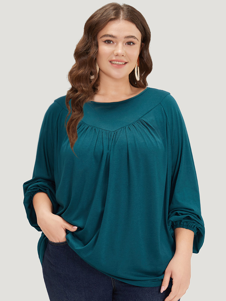 

Plus Size Plain Plicated Detail Round Neck Lantern Sleeve T-shirt Cyan Round Neck Long Sleeve Elegant Jersey Tops