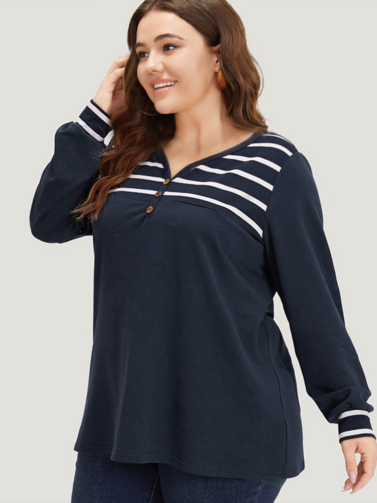 

Plus Size Striped Patchwork Button Detail Elastic Cuffs Sweatshirt Women Blue Casual Elastic cuffs V-neck Dailywear Sweatshirts BloomChic