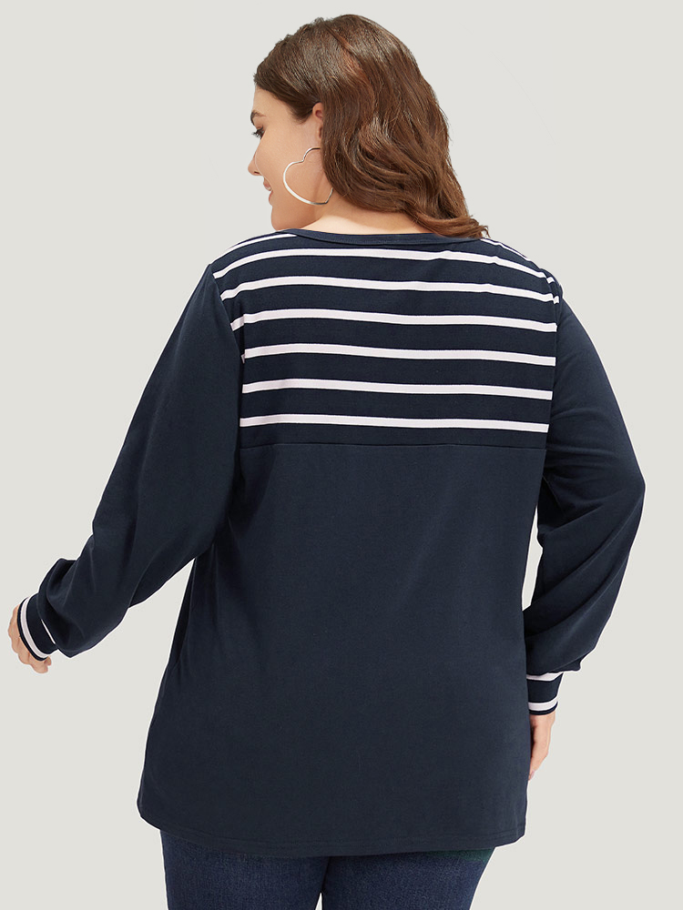 

Plus Size Striped Patchwork Button Detail Elastic Cuffs Sweatshirt Women Blue Casual Elastic cuffs V-neck Dailywear Sweatshirts BloomChic