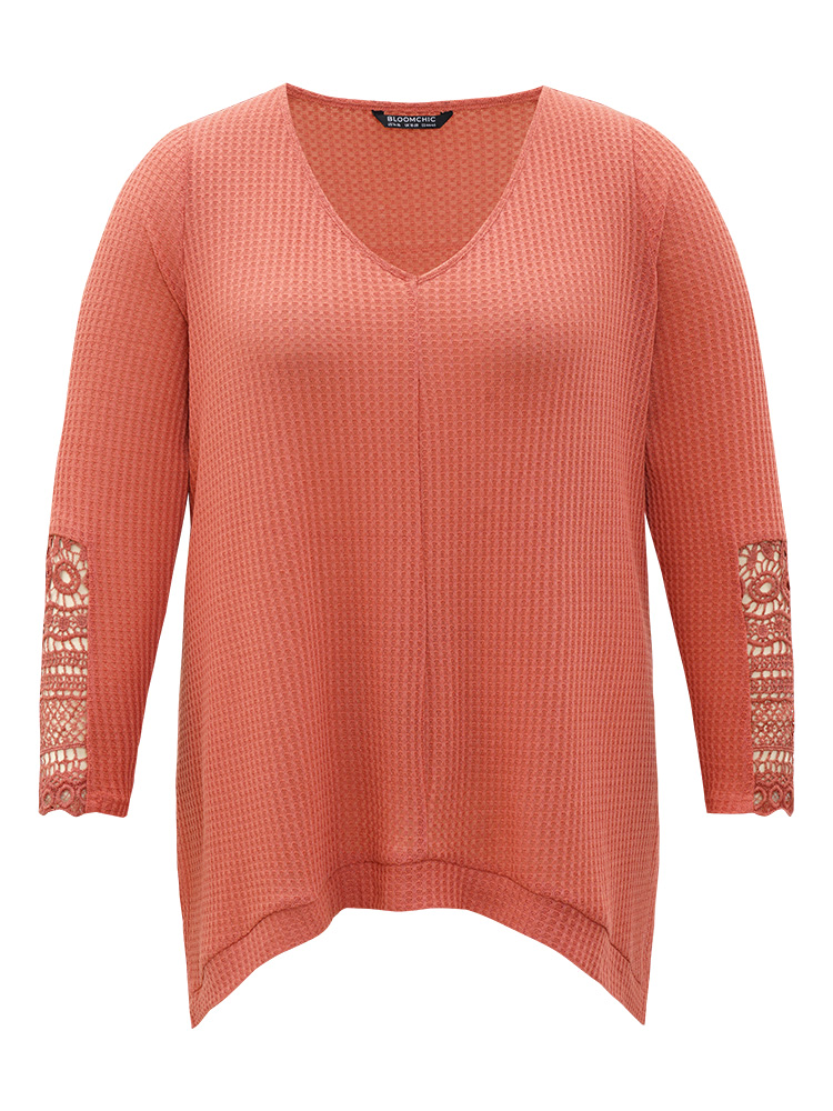 

Plus Size Waffle Knit Guipure Lace Split Side T-shirt Coral V-neck Long Sleeve Elegant Jersey Tops