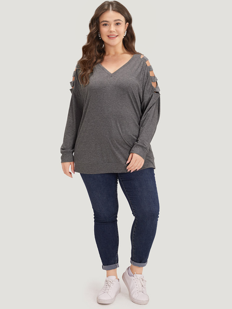 Plus Size Women Dailywear Plain Cut-Out Regular Sleeve Long Sleeve V-neck Casual T-shirts BloomChic 