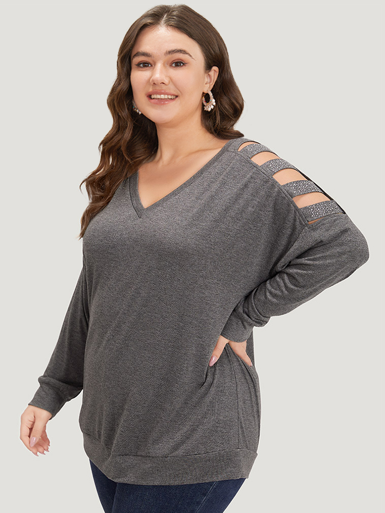 Plus Size Women Dailywear Plain Cut-Out Regular Sleeve Long Sleeve V-neck Casual T-shirts BloomChic 