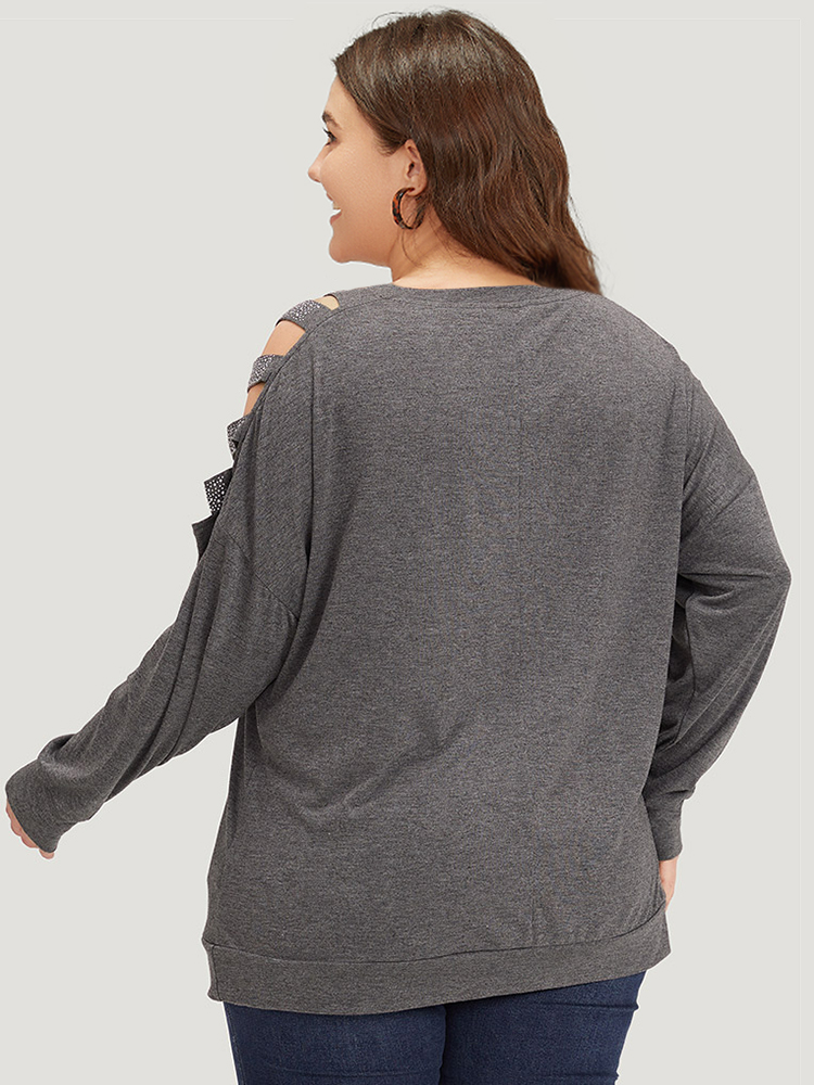 Plus Size Women Dailywear Plain Cut-Out Regular Sleeve Long Sleeve V-neck Casual T-shirts BloomChic 