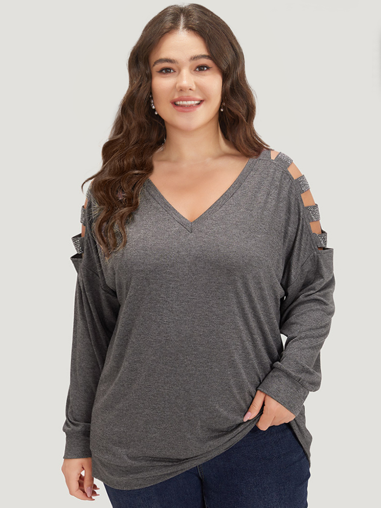 Plus Size Women Dailywear Plain Cut-Out Regular Sleeve Long Sleeve V-neck Casual T-shirts BloomChic 