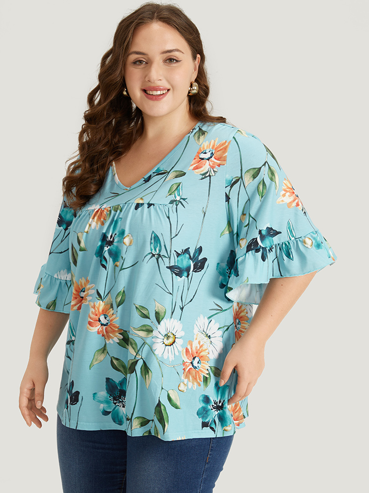 

Plus Size Floral Print Patchwork Ruffle Sleeve Gathered T-shirt Multicolor V-neck Half Sleeve Elegant Jersey Tops