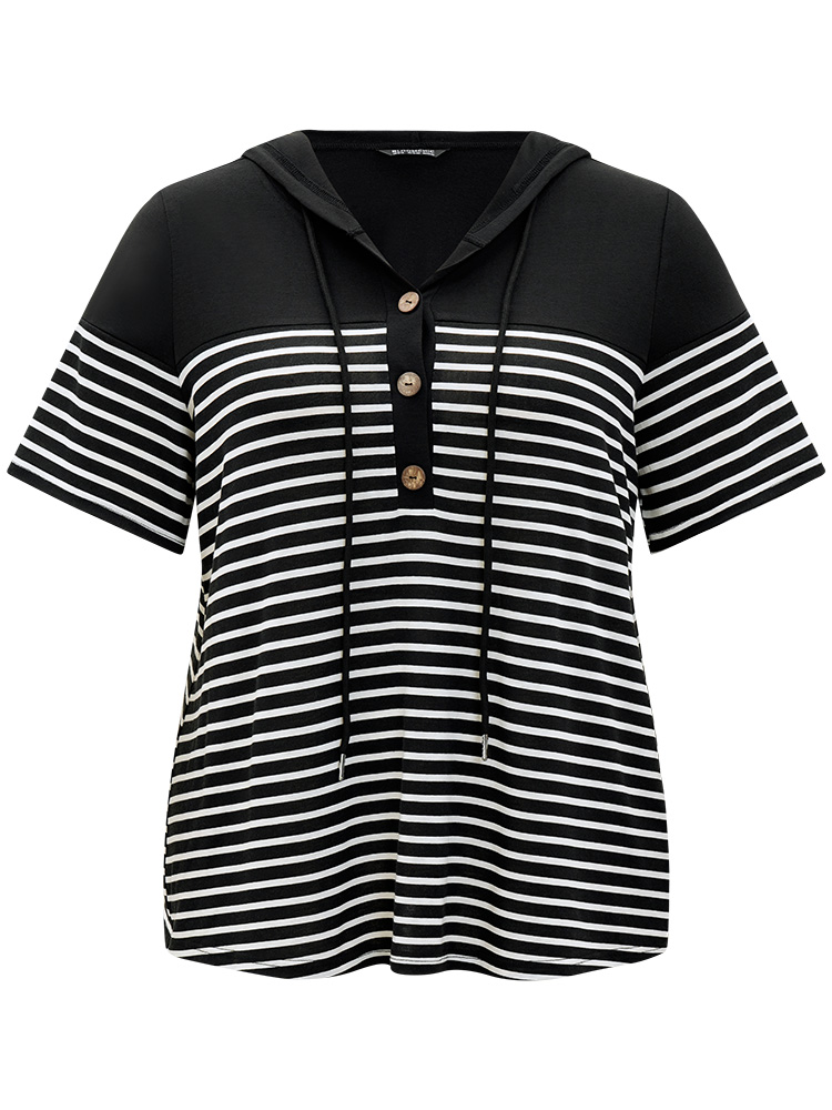 

Striped Contrast Drawstring Hooded Button Up T-shirt, Black