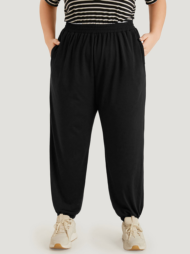 

Plain Elastic Waist Pocket Carrot Pants, Black