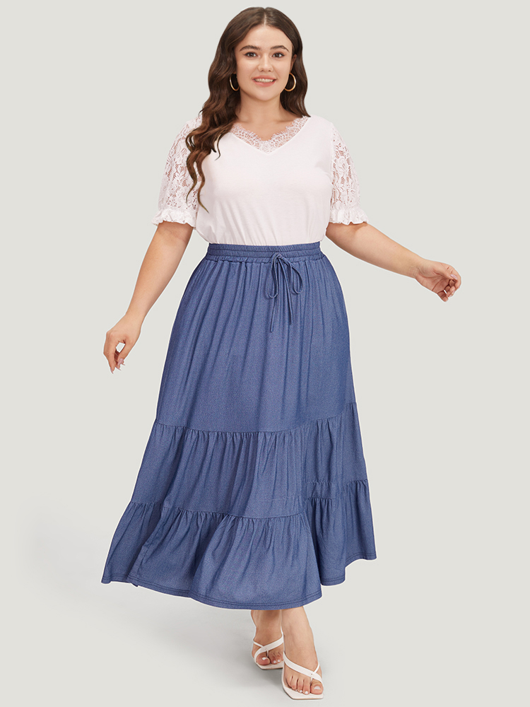 

Plus Size Plain Ties Gathered Ruffle Layered Hem Skirt Women Indigo Elegant Plain No stretch Pocket Dailywear Skirts BloomChic