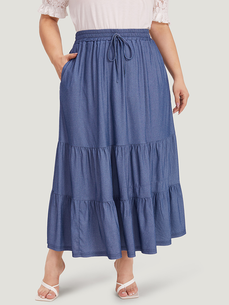 

Plus Size Plain Ties Gathered Ruffle Layered Hem Skirt Women Indigo Elegant Plain No stretch Pocket Dailywear Skirts BloomChic