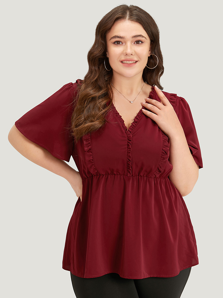 

Plus Size Burgundy Anti-Wrinkle Plain Frill Trim Flutter Sleeve Blouse Women Office Short sleeve V-neck Work Blouses BloomChic