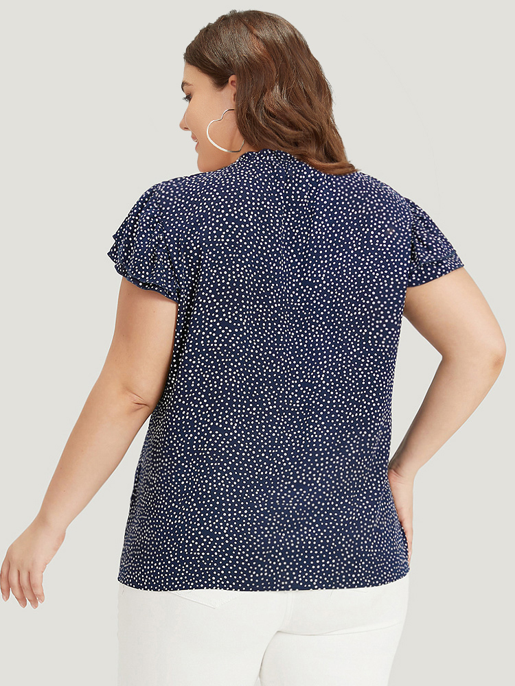 

Plus Size Indigo Polka Dot Keyhole Flutter Trim Layered Blouse Women Office Cap Sleeve Halter neck Work Blouses BloomChic