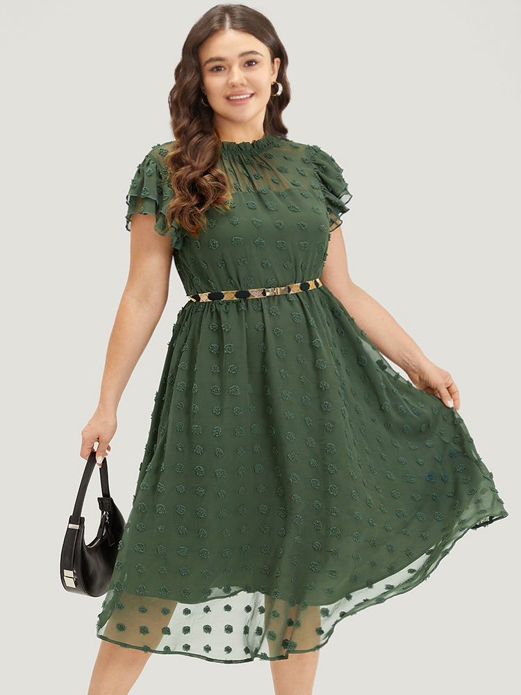 

Plus Size Solid Polka Dot Mesh Frill Trim Flutter Dress ArmyGreen Women Office Texture Mock Neck Sleeveless Curvy Midi Dress BloomChic