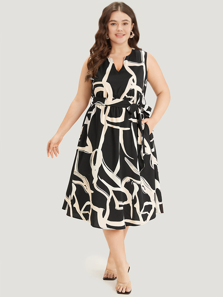 

Plus Size Geometric Print Pocket Notched Belted Tank Dress Black Women Office Gathered Notched collar Sleeveless Curvy Midi Dress BloomChic