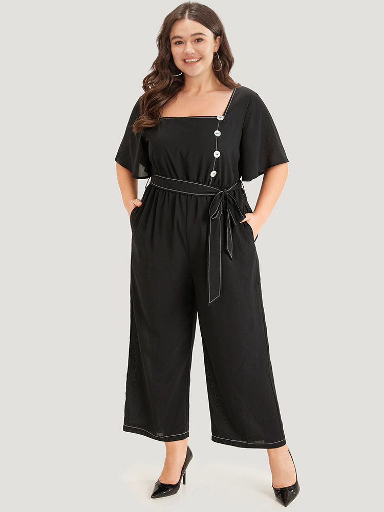 

Plus Size Black Contrast Stitch Pocket Button Detail Belted Zipper Jumpsuit Women Office Short sleeve Square Neck Work Loose Jumpsuits BloomChic