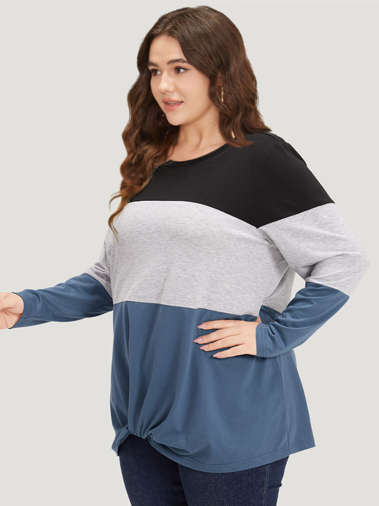 Plus Size Round Neck Twist Front Patchwork Contrast T-shirt Multicolor Women Casual Contrast Plain Round Neck Dailywear T-shirts BloomChic 14-16/1X 