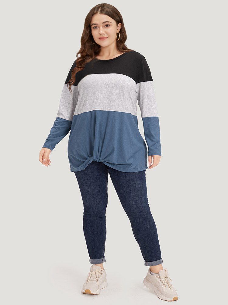 Plus Size Round Neck Twist Front Patchwork Contrast T-shirt Multicolor Women Casual Contrast Plain Round Neck Dailywear T-shirts BloomChic 14-16/1X 