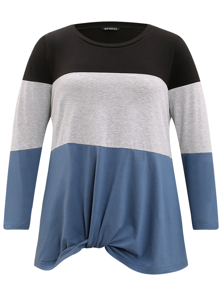 Plus Size Round Neck Twist Front Patchwork Contrast T-shirt Multicolor Women Casual Contrast Plain Round Neck Dailywear T-shirts BloomChic 14-16/1X 