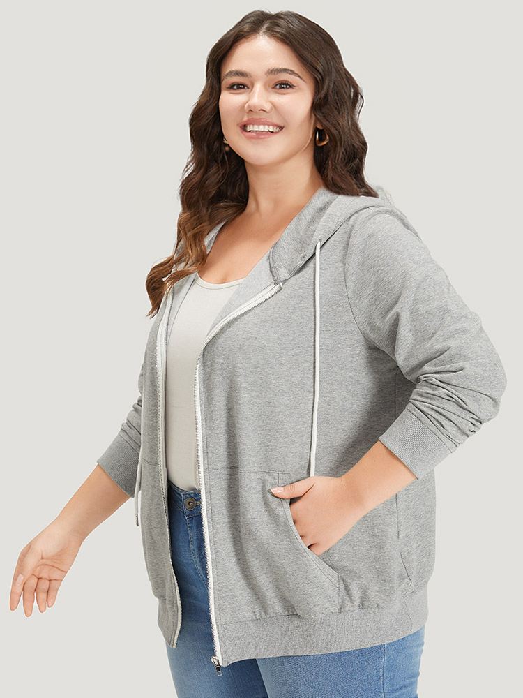 

Plus Size Hooded Zipper Fly Ties Pocket Sweatshirt Women Gray Casual Elastic cuffs Hooded Dailywear Sweatshirts BloomChic