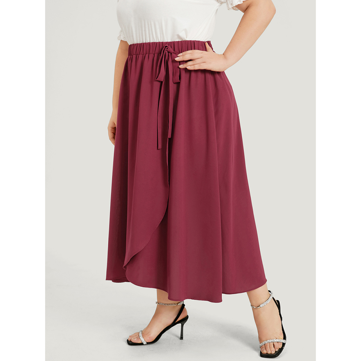 

Plus Size Plain Elastic Waist Knot Asymmetrical Hem Skirt Women Burgundy Glamour Drape No stretch Going out Skirts BloomChic