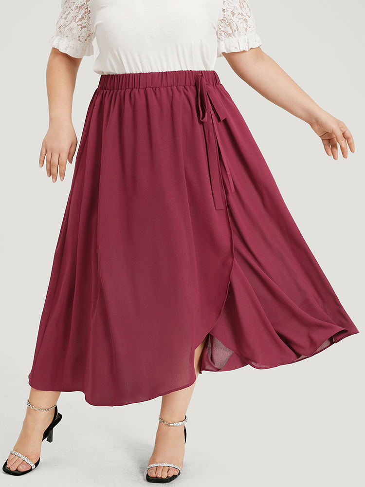 Plus Size Plain Elastic Waist Knot Asymmetrical Hem Skirt Women Burgundy Glamour Drape No stretch Going out Skirts BloomChic 30/6X 