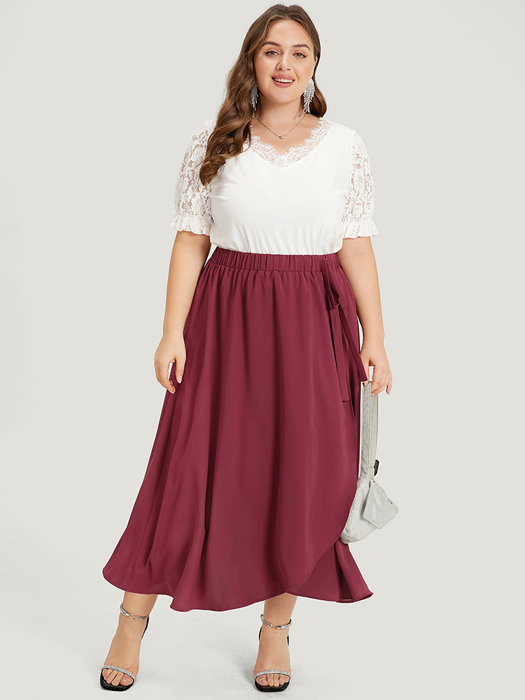 Plus Size Plain Elastic Waist Knot Asymmetrical Hem Skirt Women Burgundy Glamour Drape No stretch Going out Skirts BloomChic 30/6X 