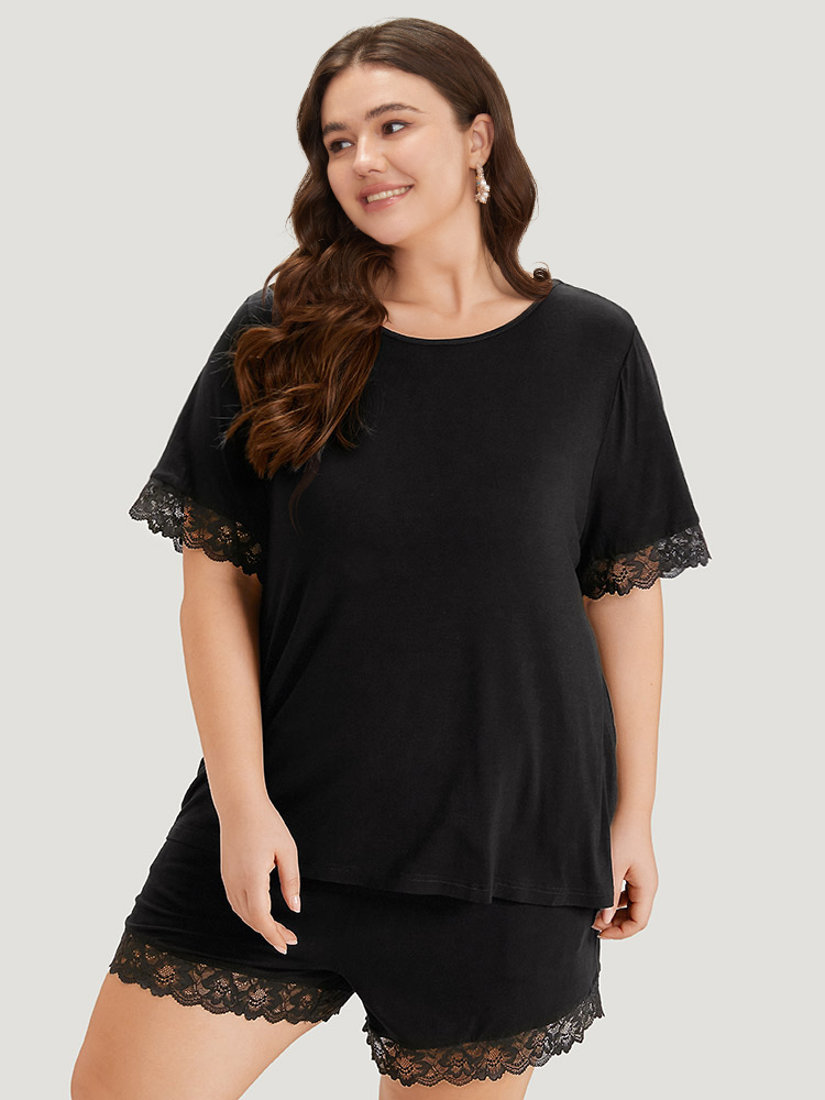 

Plus Size Solid Guipure Lace Cut Out Sleep Top Black Plain Short sleeve Round Neck Dailywear Elegant  Bloomchic