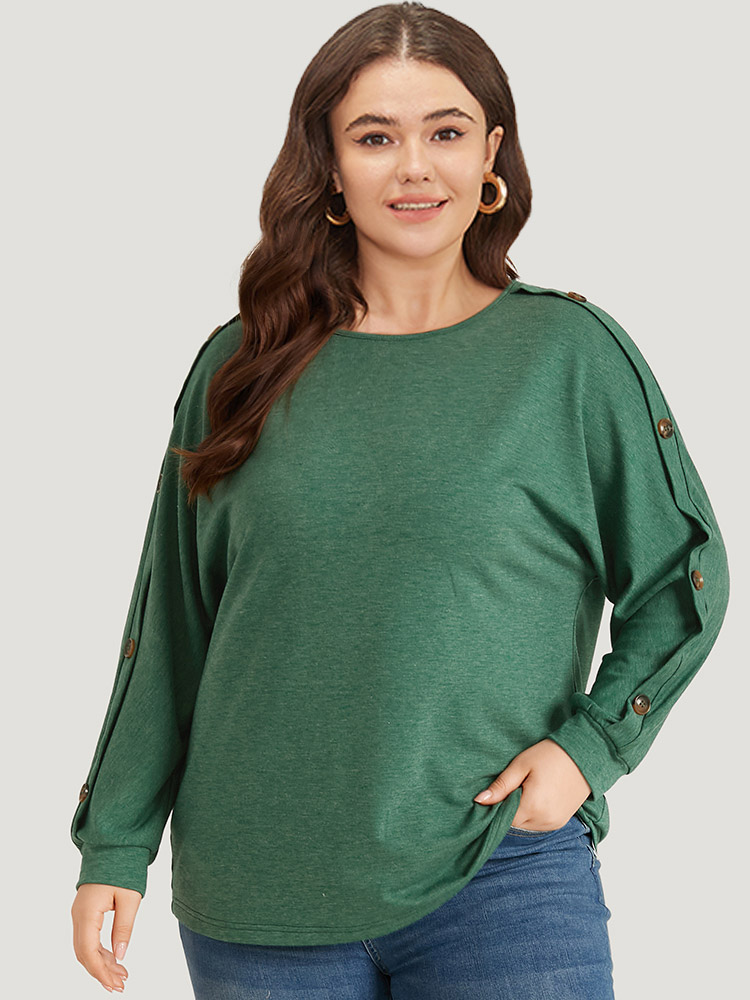 

Plus Size Solid Round Neck Button Detail Dolman Sleeve Sweatshirt Women DarkGreen Casual Elastic cuffs Round Neck Dailywear Sweatshirts BloomChic