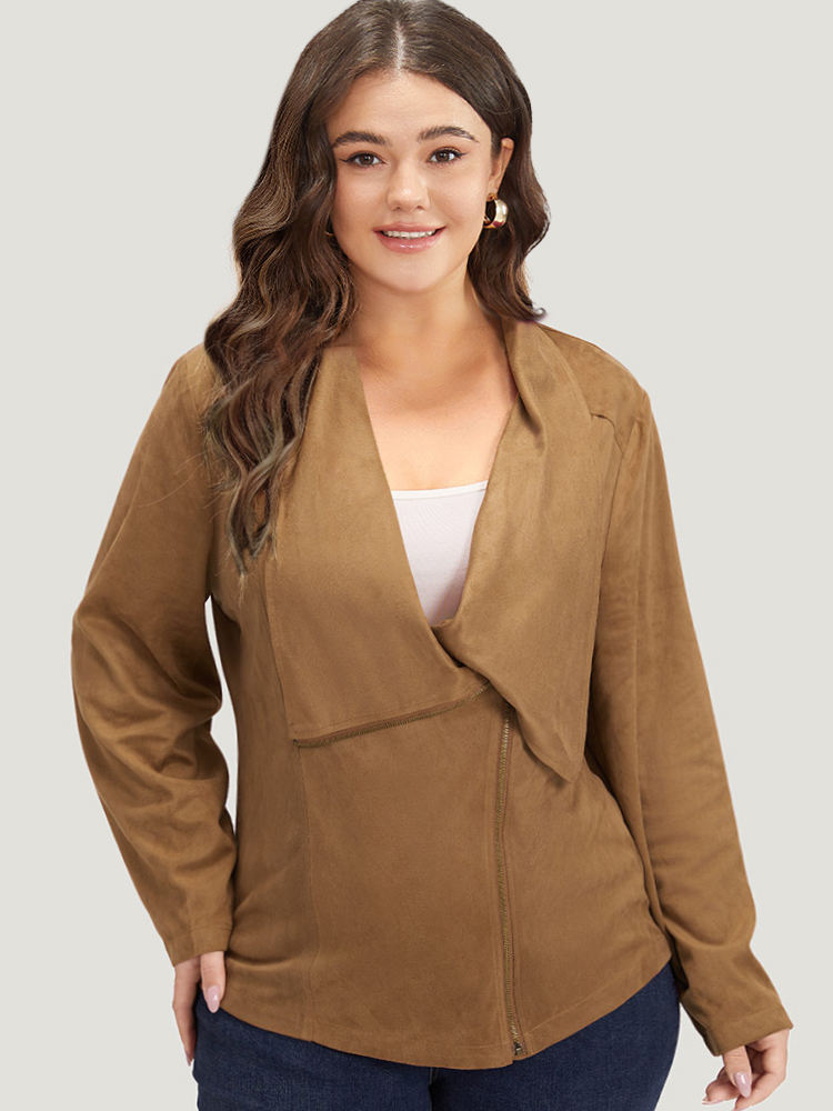 

Plus Size Plain Zipper Lapel Collar Jacket Women Bronze Casual Plain Ladies Dailywear Winter Coats BloomChic