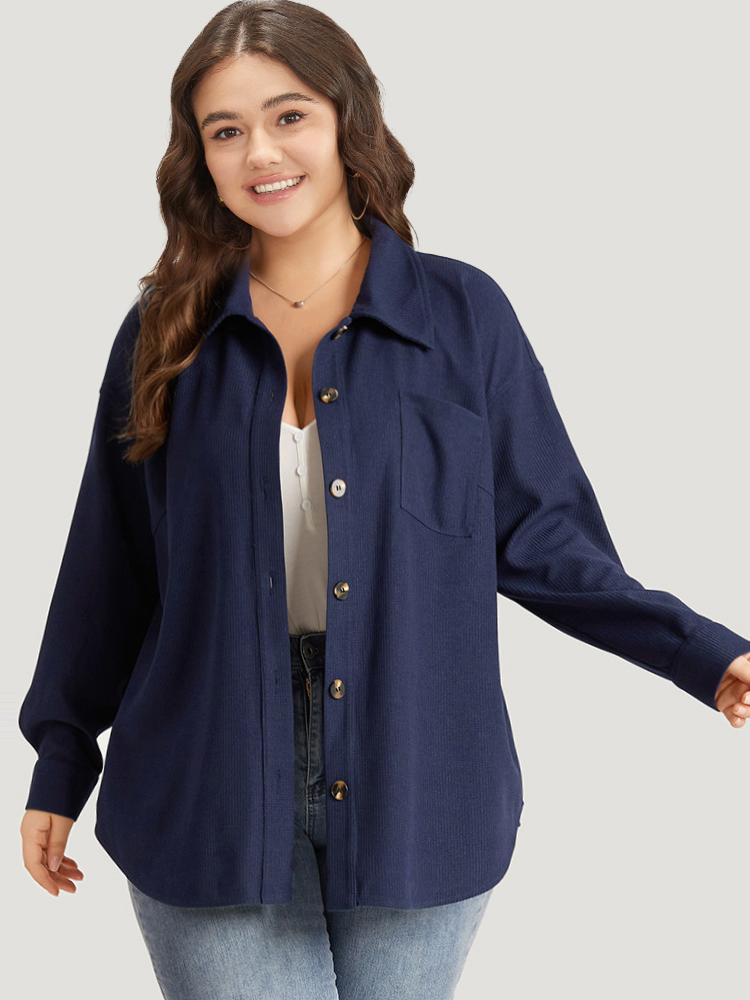 

Plus Size Plain Shirt Collar Button Through Pocket Waffle Knit Coat Women Indigo Texture Loose Pocket Dailywear Jackets BloomChic