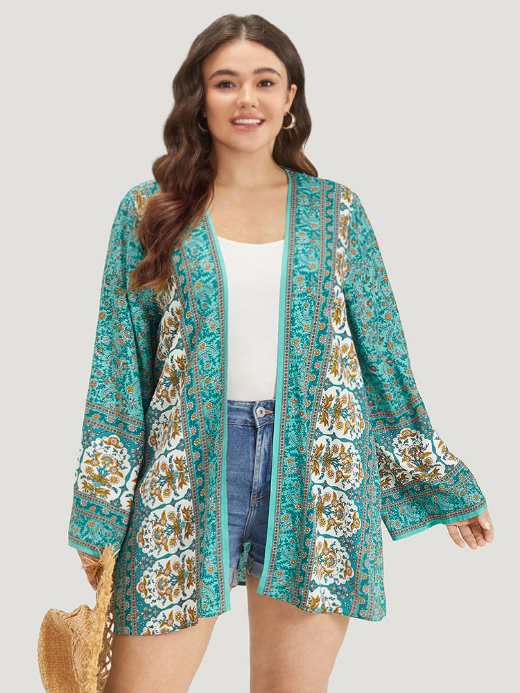 

Plus Size Boho Print Flutter Sleeve Open Front Kimono Women Turquoise Casual Printed Loose Dailywear Kimonos BloomChic